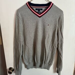 Tommy Hilfiger Men's Gray V-Neck Sweater with Red and Blue Trim